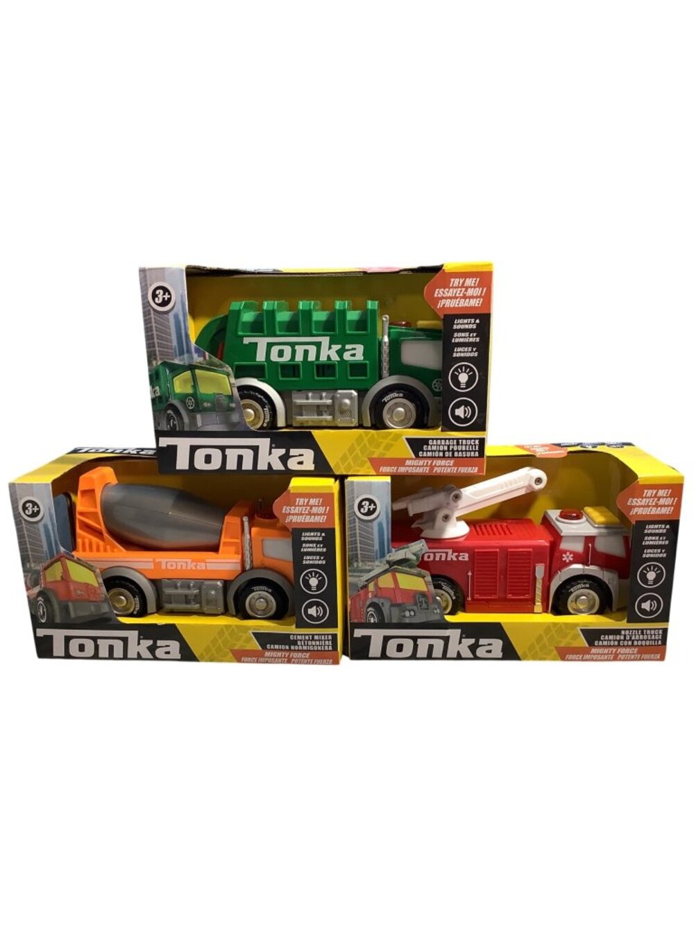 3 Tonka Mighty Force Lights & Sounds Toy Trucks Cement Mixer Garbage Fire Truck